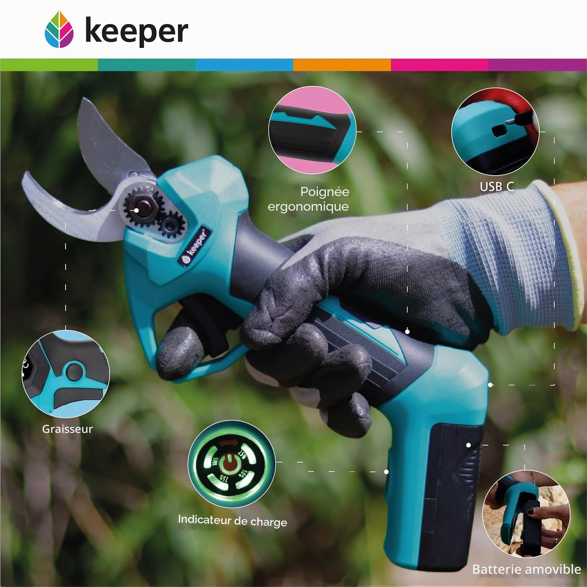 KEEPER KP25 Sécateur électrique pour jardinage sans fil Coupe Ø 22 mm 7,2 V 2,5 Ah Jusqu'à 3 heures d'autonomie Batterie amovible incluse Élagage électrique