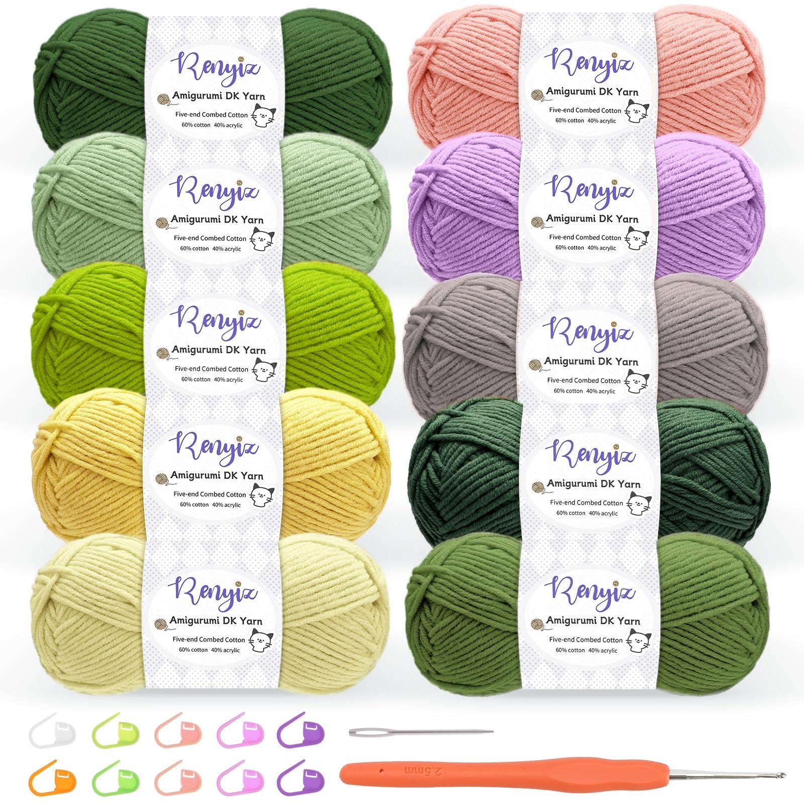Crochet Yarn, 10 x 50g Cotton Yarn (60% Cotton & 40% Acrylic) DK Wool for Crochet with 2.5mm Hook & Accessories, Suitable for Baby Wool Crafts & Knitting — image 1