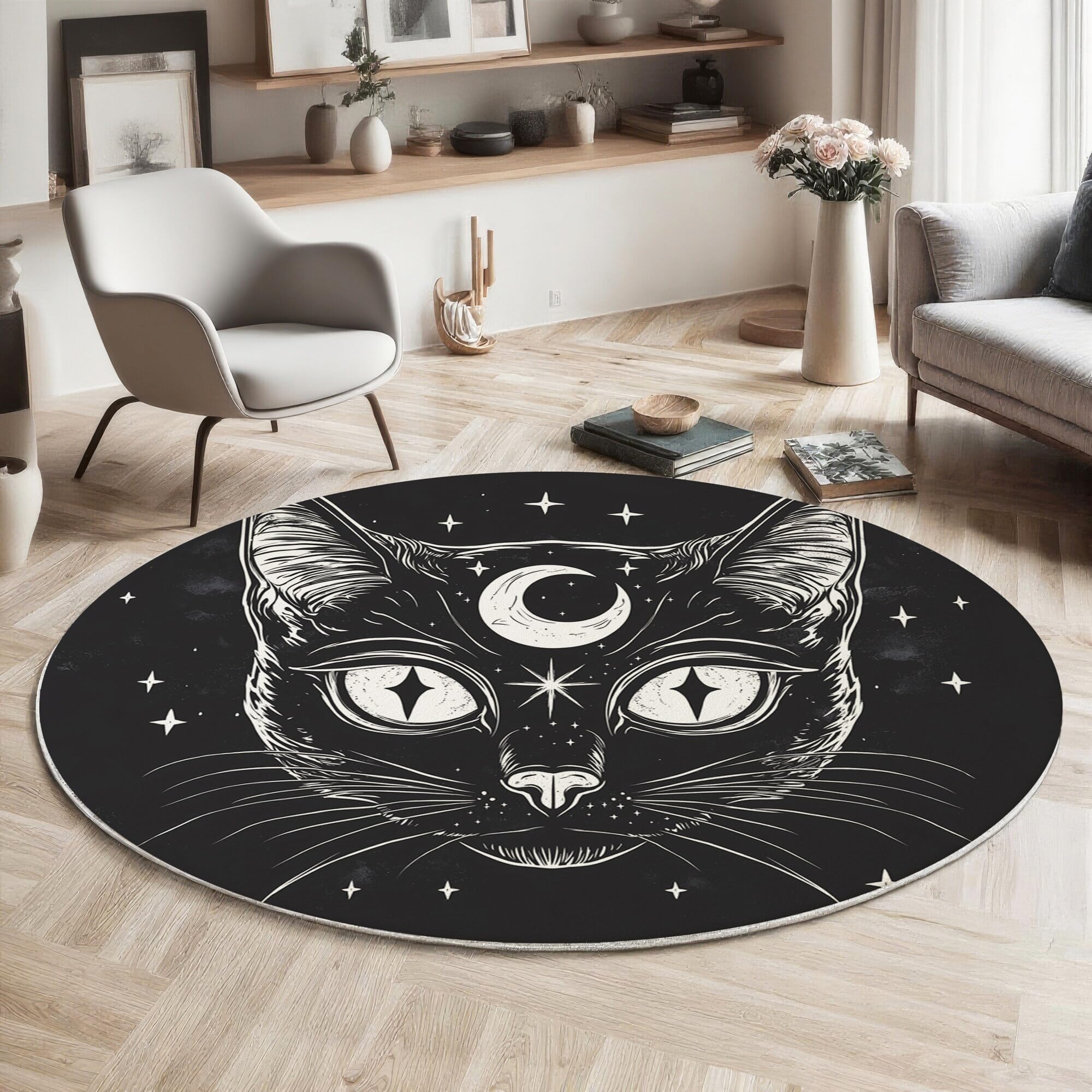 Tapis Rond,Impression Chat Noir De La Lune Décoration Antidérapant Animaux Punk pour Bureau Salon Chambre Cuisine Balcon Terrasse Salle Manger Intérieur Extérieur,Noir Et Blanc 120Cm