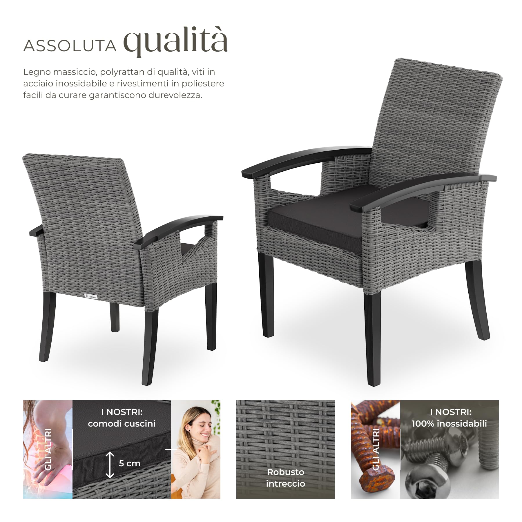tectake® Sedia in Rattan Rosarno, Poltrona Giardino, Estetica Naturale, Resistente agli Agenti Atmosferici, Poltroncina Esterno con Imbottitura Confortevole, per Esterno, Giardino, Balcone - Grigio