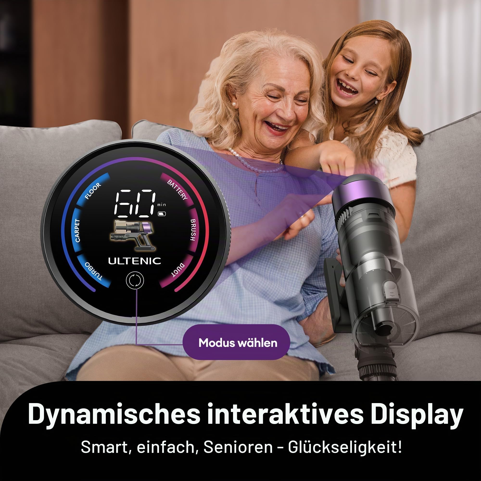 Ultenic Akku Staubsauger,55KPA/600W/60Mins Staubsauger Kabellos mit 180° klappbarem Rohr, 1,5L Großer Staubbecher, Anti-Tangle-Bürste, GreenEye-Technologie,Licht für Hartböden Teppiche Tierhaare