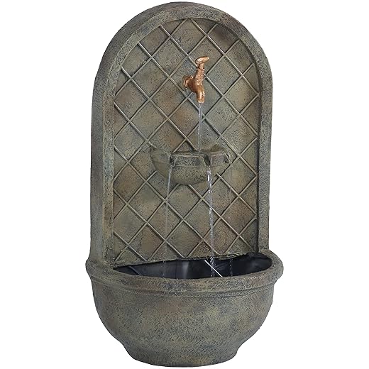 Sunnydaze Seaside 27-Inch Polystone Outdoor Wall Fountain - Electric Submersible Pump - Lead Finish