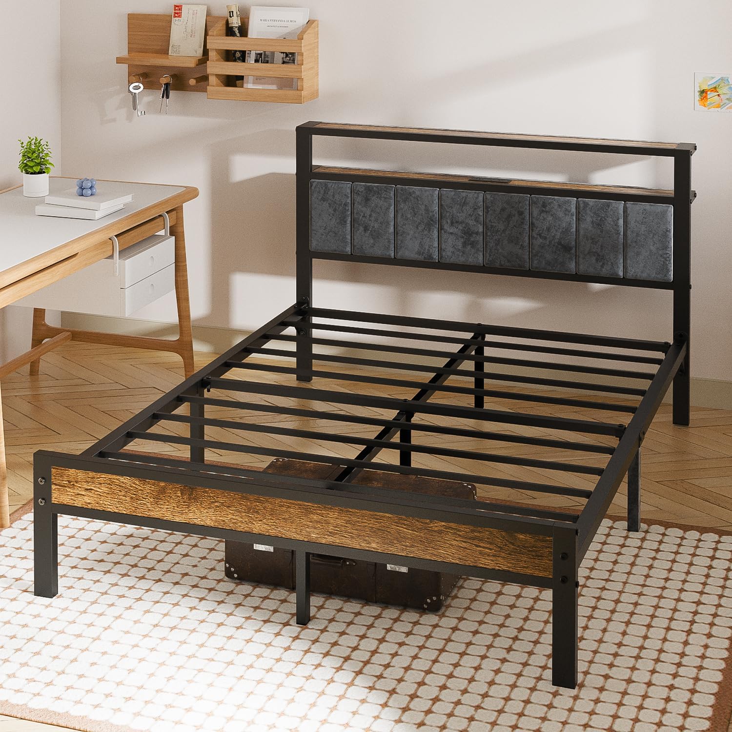 Queen Size Bed Frame with Storage Shelves Headboard, LED Light, Charging Station, Metal Bed Platform, Noise Free, No Box Spring Needed