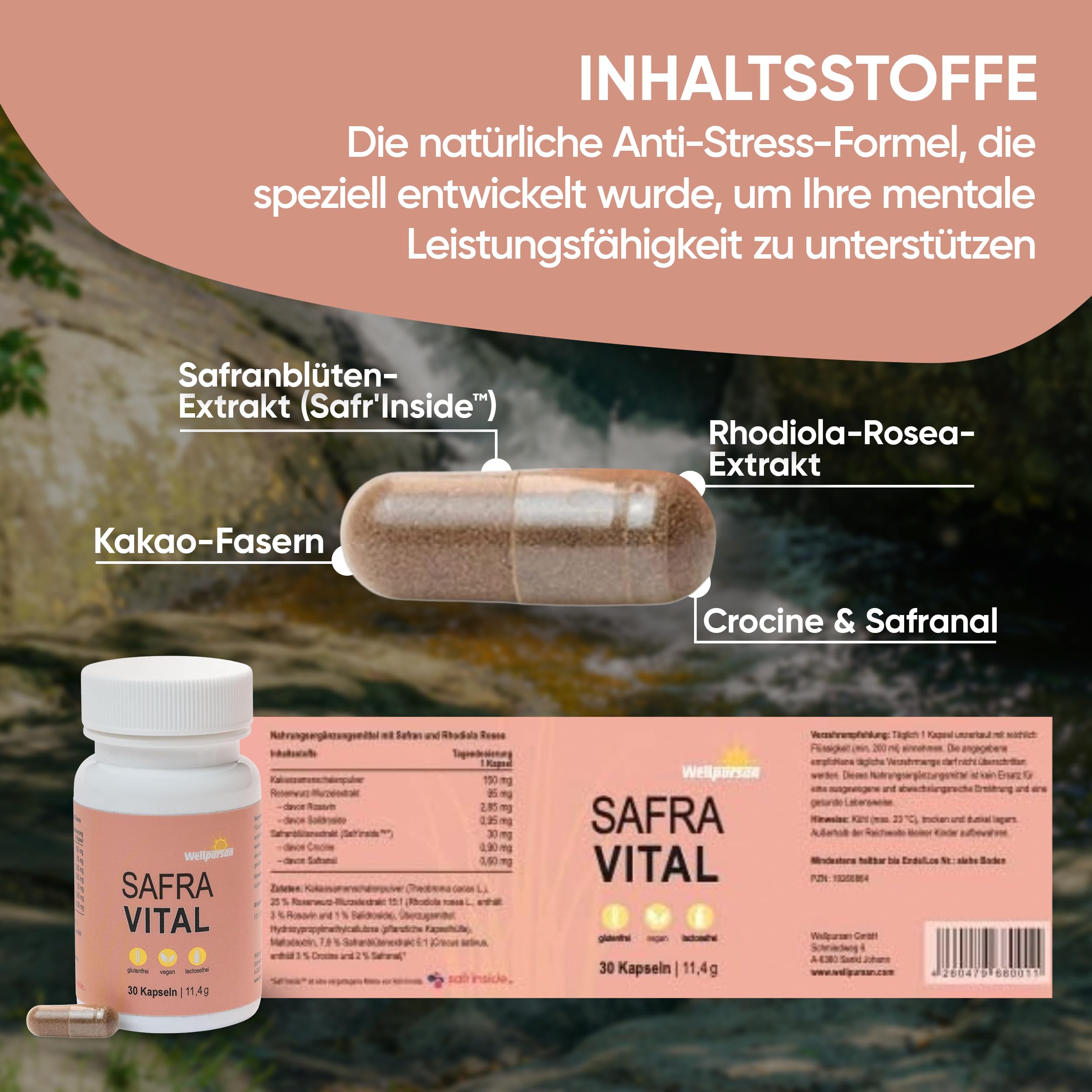 Wellpursan Safra Vital Kapseln – 30 Safran Kapseln mit Safranfäden-Extrakt, Kakao-Fasern & Rhodiola-Rosea, natürliches Nahrungsergänzungsmittel zur Unterstützung bei Müdigkeit & Stress | Safranfäden-Extrakt, Kakao-Fasern, Rhodiola-Rosea, Unterstützung bei