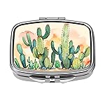 Dynippy Pill Case Pill Box with Mirror Retro Pocket 2 Compartment Medicine Case Vitamin Pill Organizer for Pocket Purse and Travel (Silver- Cactus Pattern)