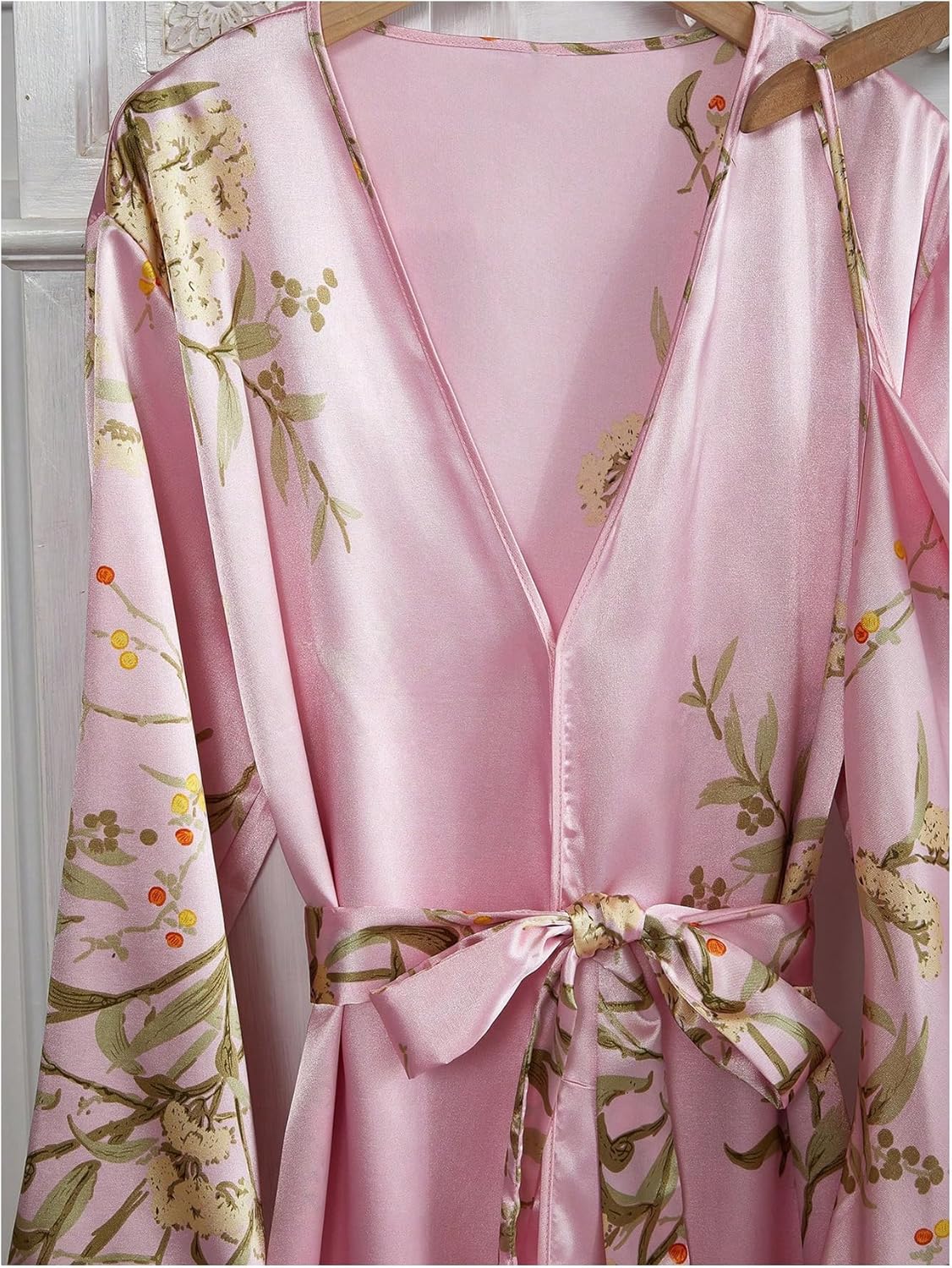 GORGLITTER Women's 5 Piece Floral Print Satin Silk Pajama Set Nightgown Robe Cami Shorts Sleepwear Pj Sets - Image 4