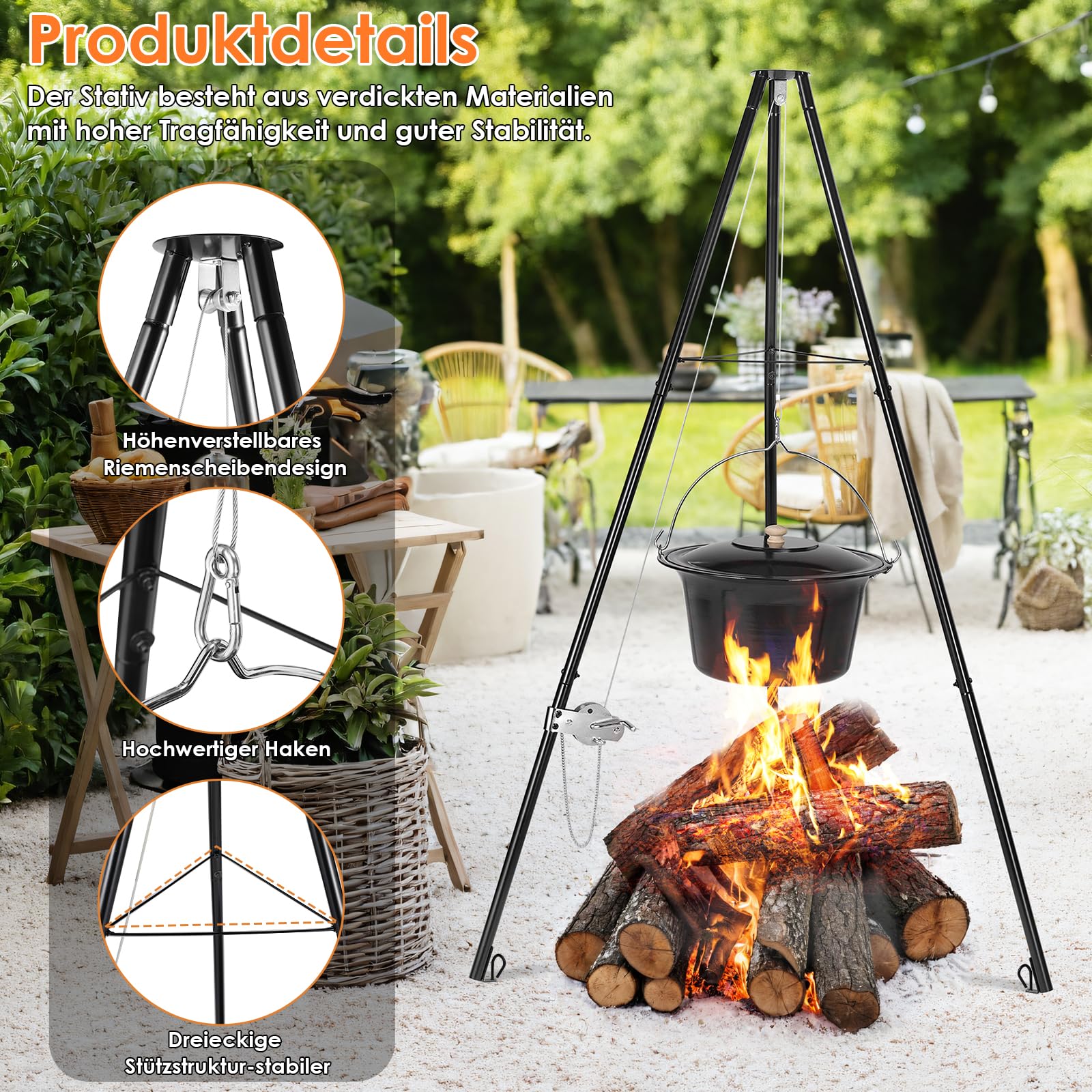TLSUNNY 10L Gulaschkessel mit Dreibein, Original Ungarischer Gulaschtopf Emaille, Kettenhöhenverstellung, Teleskop-Dreifuß für Picknick