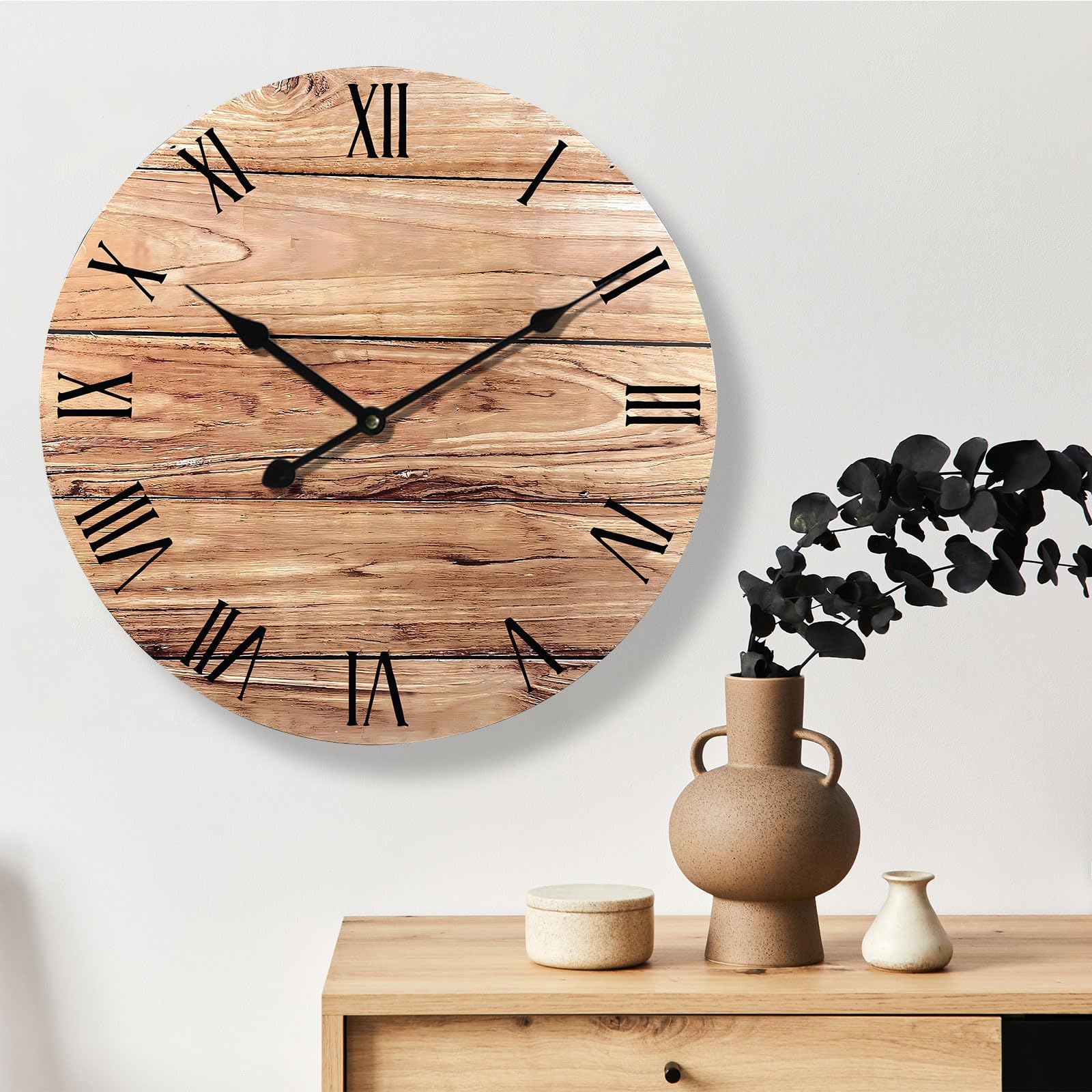Eruner Wooden Wall Clock, 24 Inch Round Clocks Silent Non-Ticking Wall Clocks Rustic Country Village Walnut Clocks Battery Operated Clock for Kitchen Living Room Bedroom Office - Roman Numerals