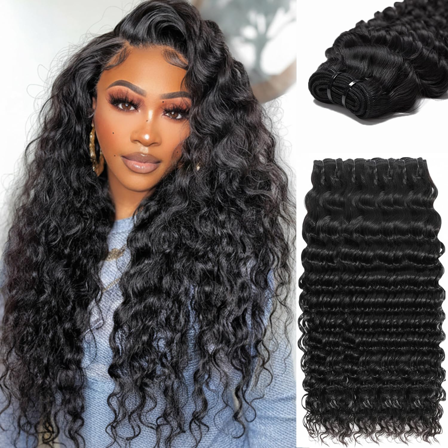 16A Deep Wave Bundles Human Hair 28 30 32 34 Inch Raw Human Hair Bundles,Sew In Quick Weave Deep Wave Bundles 100% Virgin Human Hair Extensions Tangle Free Shedding Free Triple Lifespan 3X
