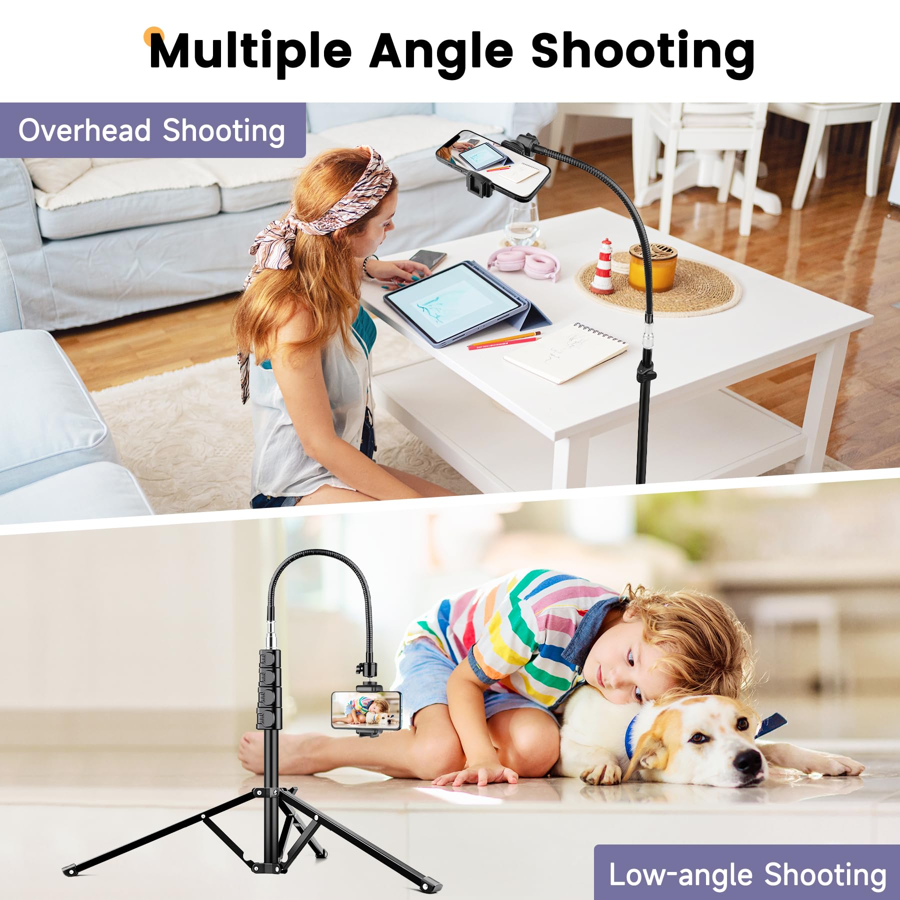 Victiv 224cm Hoch Handy Stativ, Schwerlast Flexibel Overhead Stativ für Kamera mit 35cm Verstellbarer Schwanenhals, Aluminium Kamera Phone Stative für Canon DSLR & iPhone17 16 15 Pro Max Min, Samsung