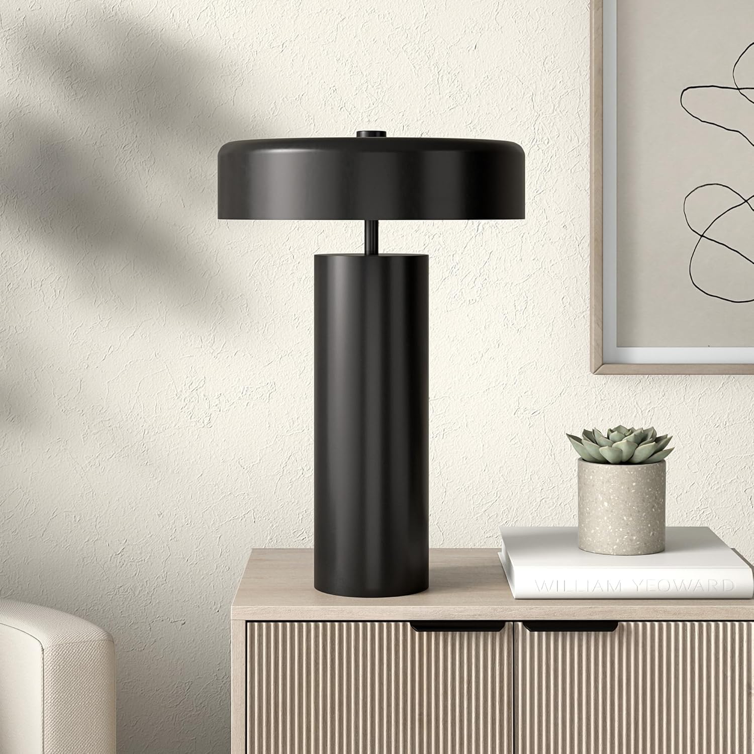 Henn&Hart 23.75" Mid-Century Modern 1-Light Table Lamp with Black Metal Drum Shade for Living Room, Bedroom, or Office, Black