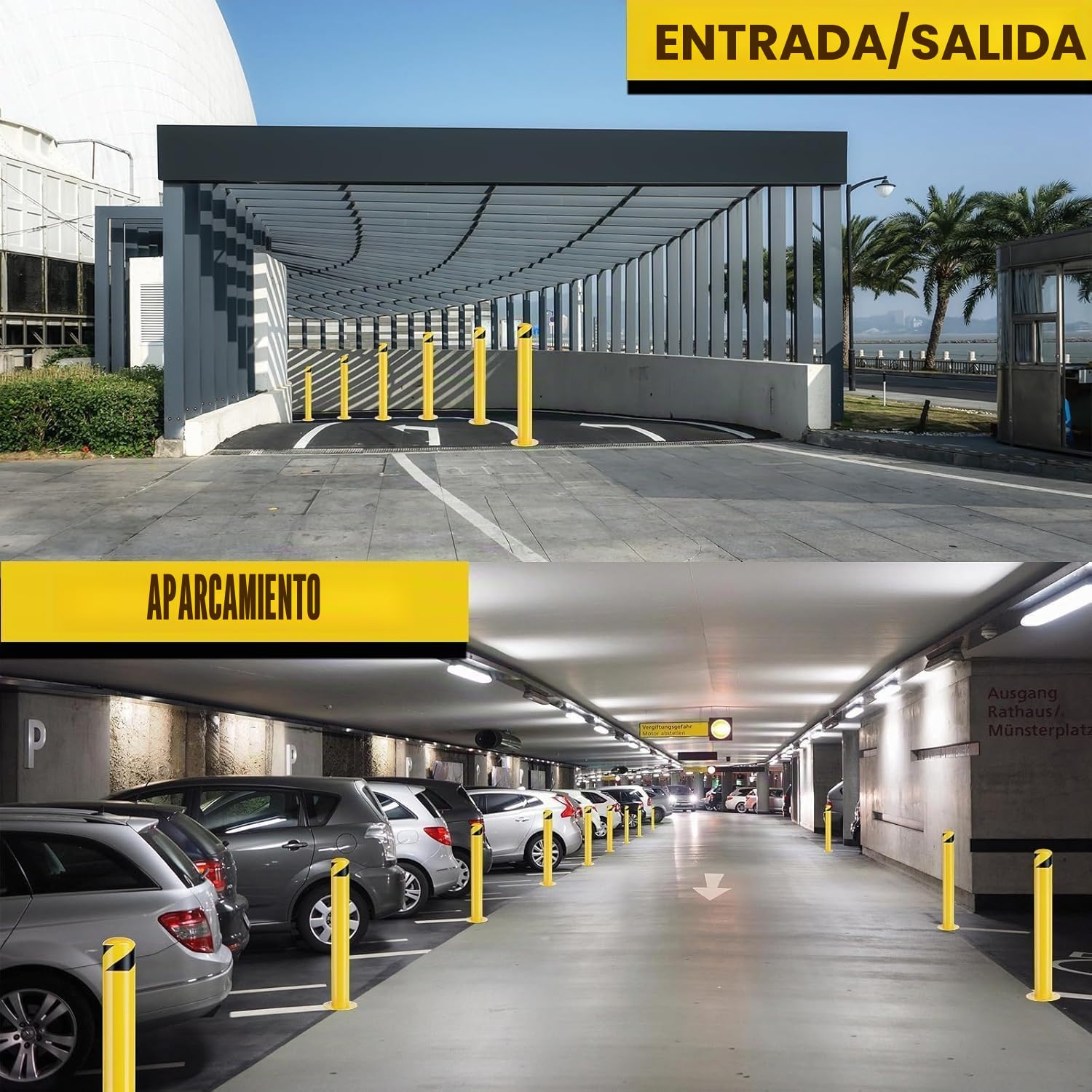Bolardo de Seguridad 107cm, Poste de Bolardo Tubo de Acero Recubrimiento de Polvo Amarillo, Barrera de Seguridad con Pernos de Anclaje para Aparcamiento (4 piezas - Altura 107cm)