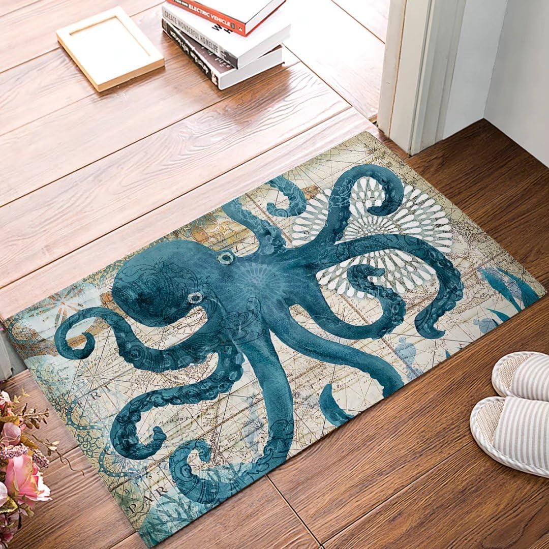 Watercolor Sea Octopus Kraken Door Mat Indoor Outdoor Non-Slip Rubber Entrance Mats Rugs for Bathroom/Front Doormat(Ocean Animal)