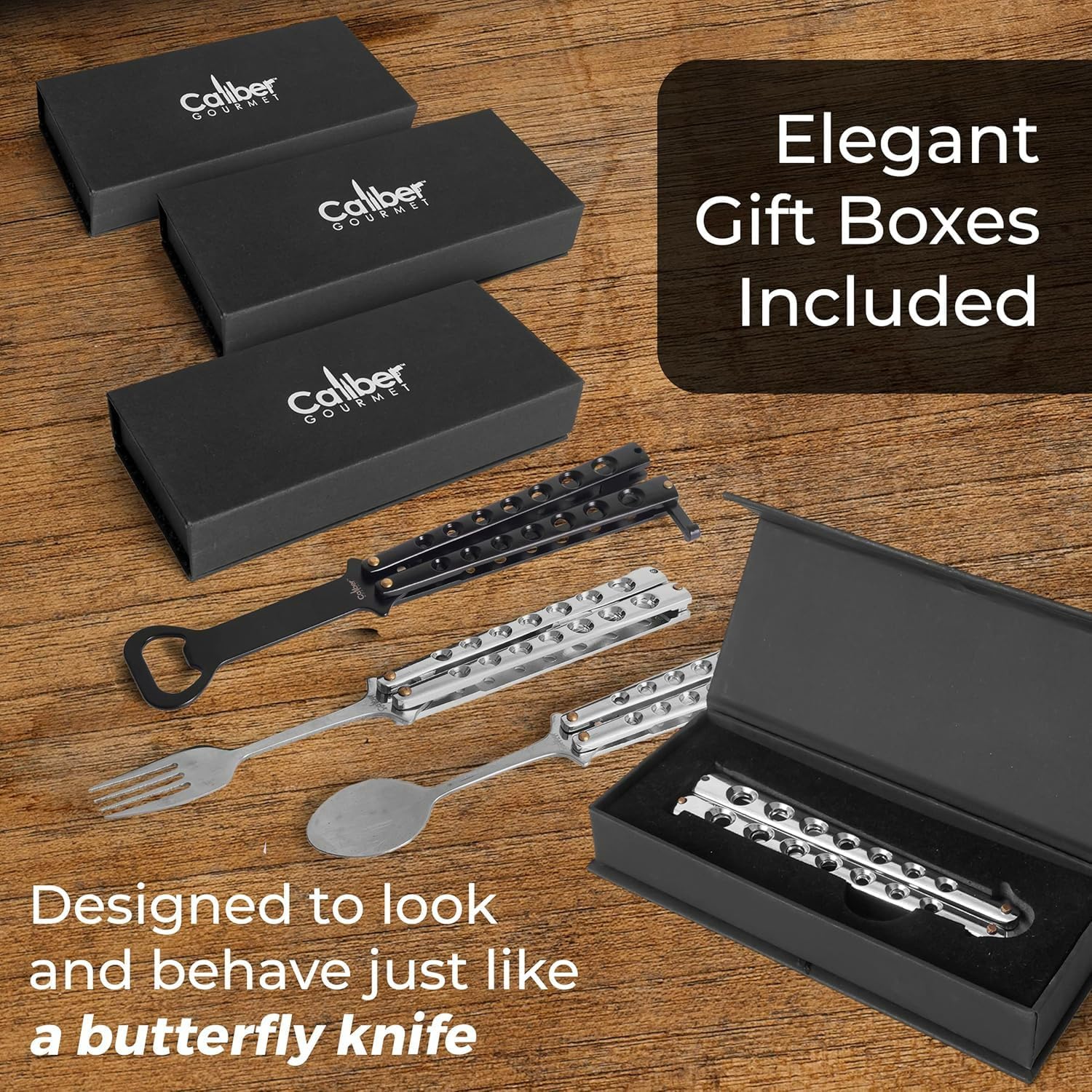Tactical Butterfly Balisong Knife Style Fork, Spoon & Bottle Opener Combo Pack. Folding Stainless Steel. Switchblade Knife, Camping, Hiking, Kitchen BBQ Grill Picnic, Christmas Gift