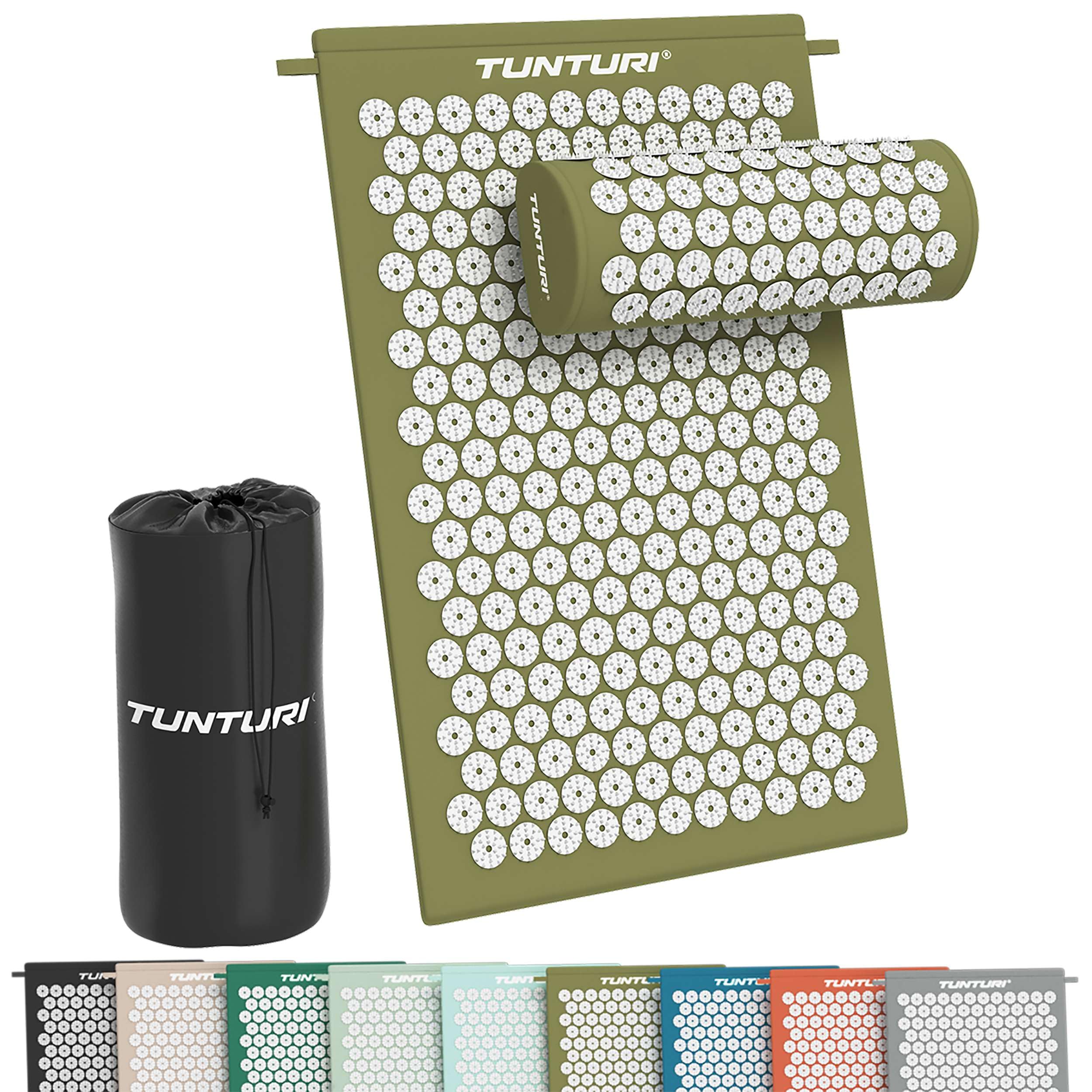 Tunturi Tappetino per agopressione con cuscino, tappetino per agopuntura, per schiena, collo, piedi, tutto il corpo, 2 in 1, tappetino per agopressione, anti-stress, 68 x 42 x 2 cm, verde militare