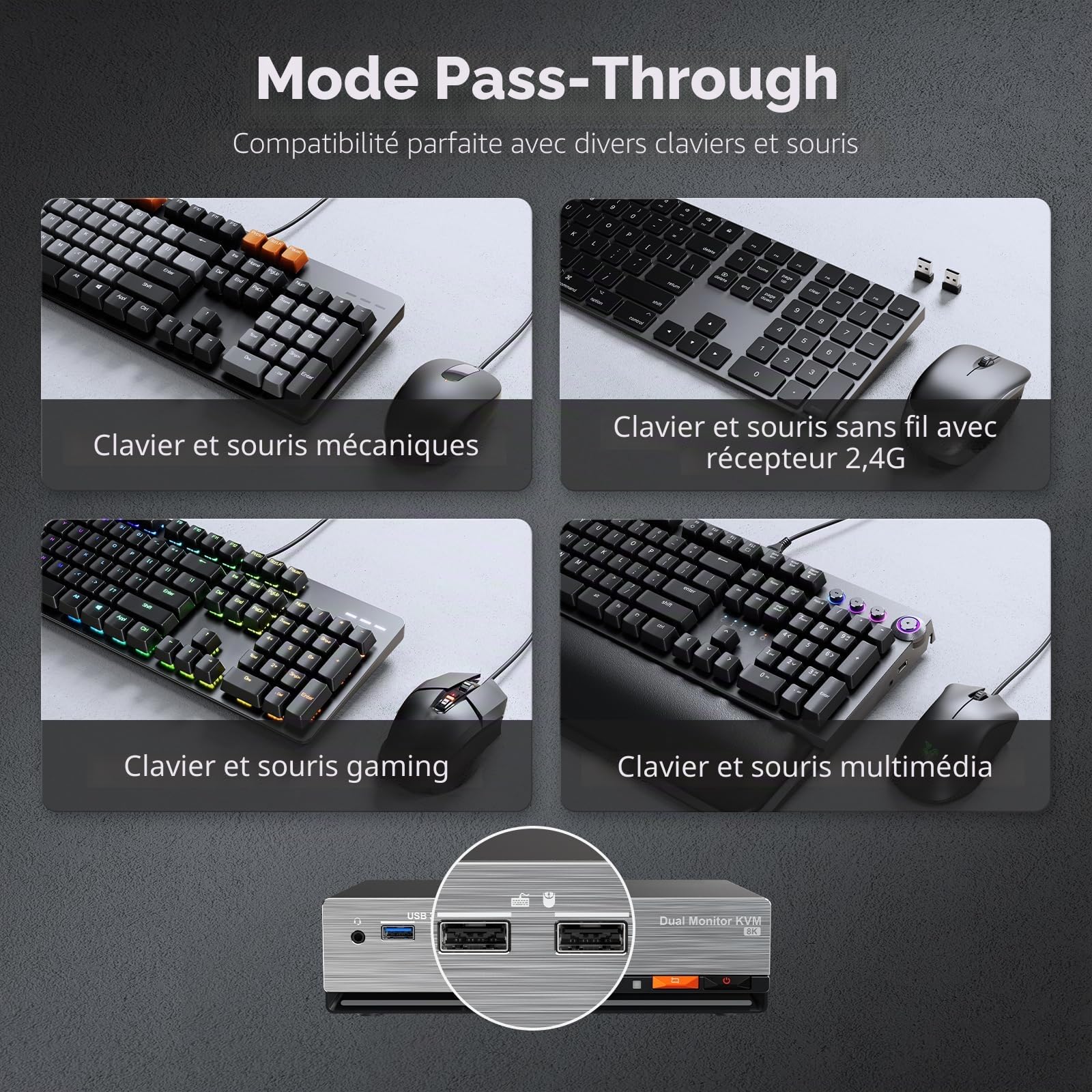 TESmart 8K@60Hz Displayport KVM Switch 2 PC 2 Moniteurs, USB 3.0 DP 1.4 Commutateurs KVM Double écran 4K@144Hz pour Gaming Dock, émulation EDID, Réseau Gigabit, Commutation Hotkey, Micro Audio