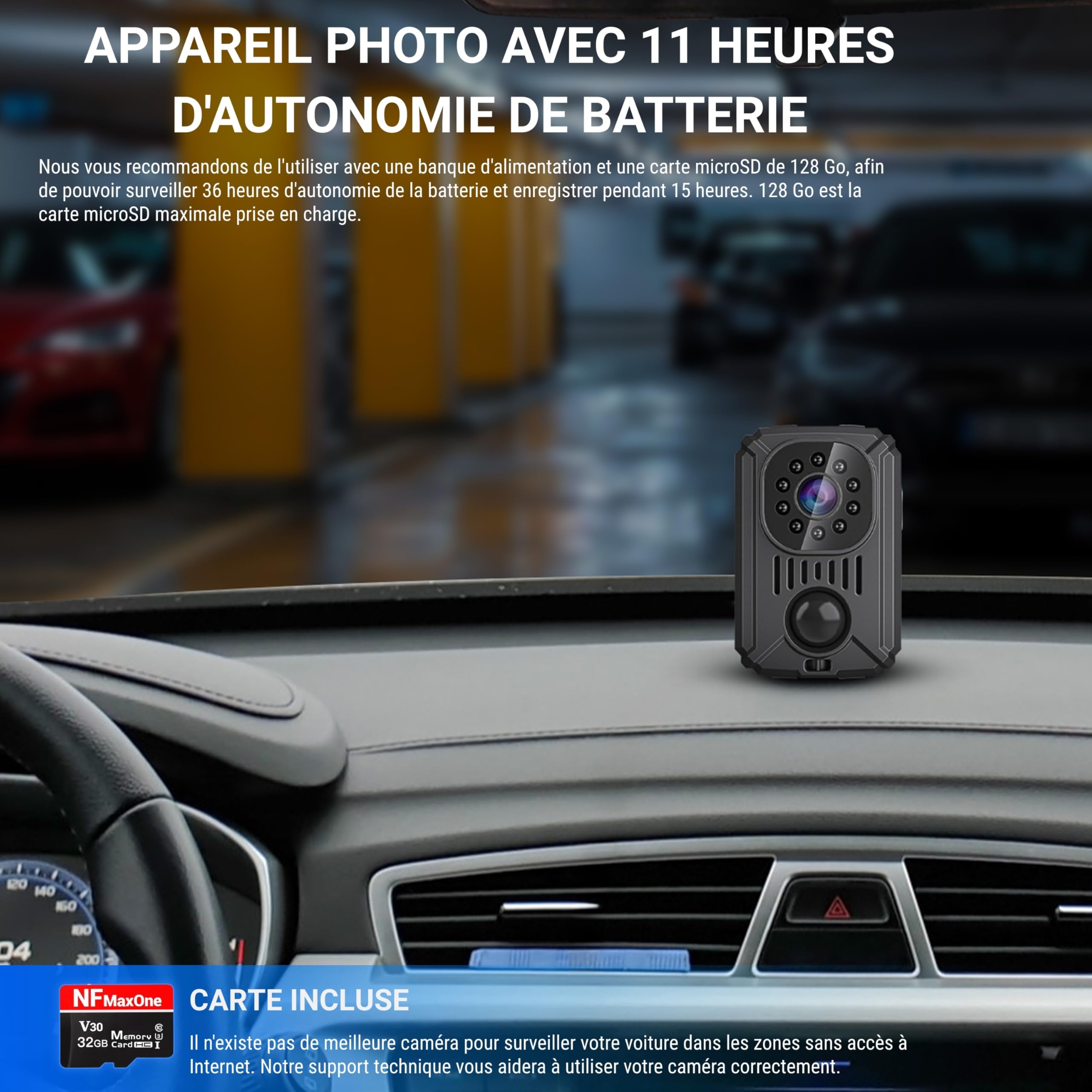 Mini Camera Espion sans WiFi – Camera de Surveillance sans Internet, Detecteur de Mouvement, Longue autonomie, Camera sans WiFi Voiture,Camera Espion Discrete, Invisible, MicroSD 32Gb, Camera Voiture