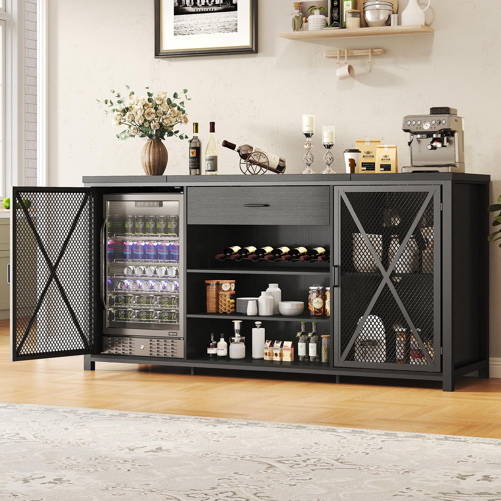 IBF 70" Buffet Cabinet with Storage Sideboard, Large Modern Kitchen Buffet Sideboard with Drawer, Wood Bar Coffee Table for Dining Room Kitchen Living Room, Black Oak