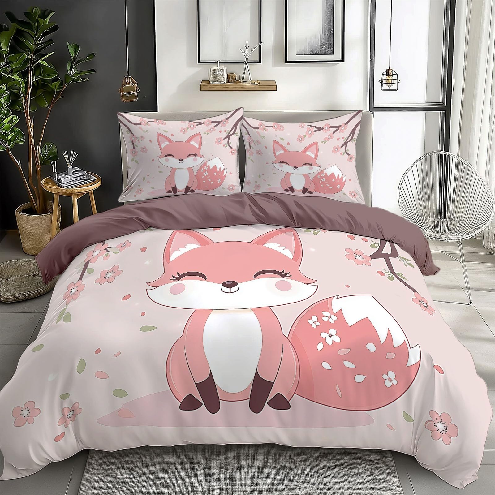Duvet Cover Twin Size Cartoon Pink Fox Flower Bedding Duvet Cover Set Room Decor Bedspread Cover Comforter Cover for Kids Teens, Quilt Cover 3D Bedding Set