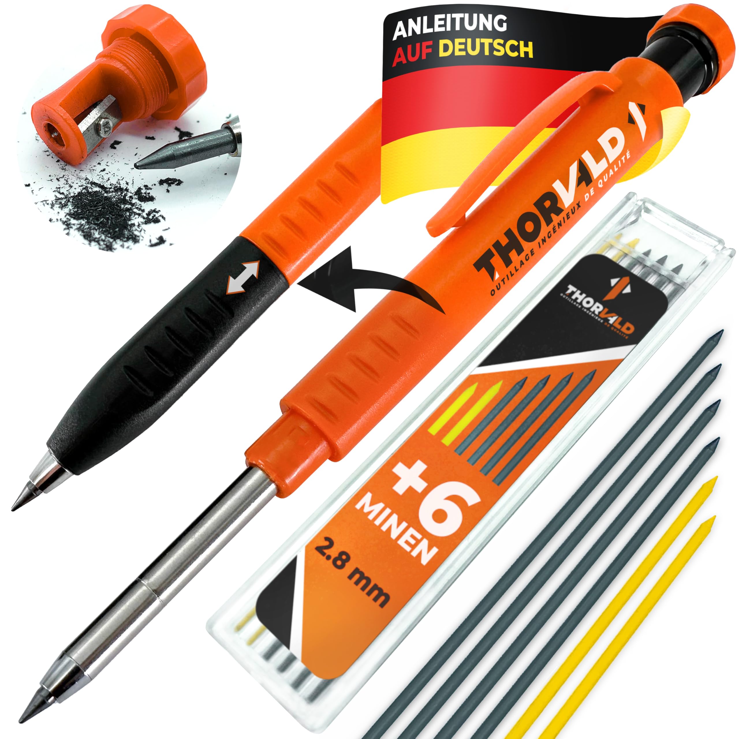 THORVALD New 2-in-1 Carpenter Pencils with Finger Grip for Construction - Incl. 7 Leads + Sharpener - Solid Mechanical Pencils with Fine Point/Best Marking tools Construction/Carpenters/Scriber