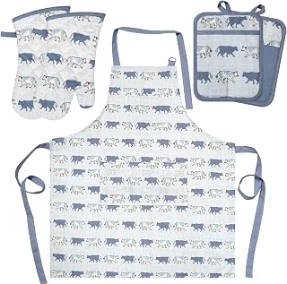 Oven Mitts and Pot Holders with Cooking Apron Set of 5, Heat Resistant Kitchen Mitten Gloves and Silicone Non-Slip Potholders, Adjustable Neck Buckle Chef Apron, Nice Design for Cooking (Cow Flower)