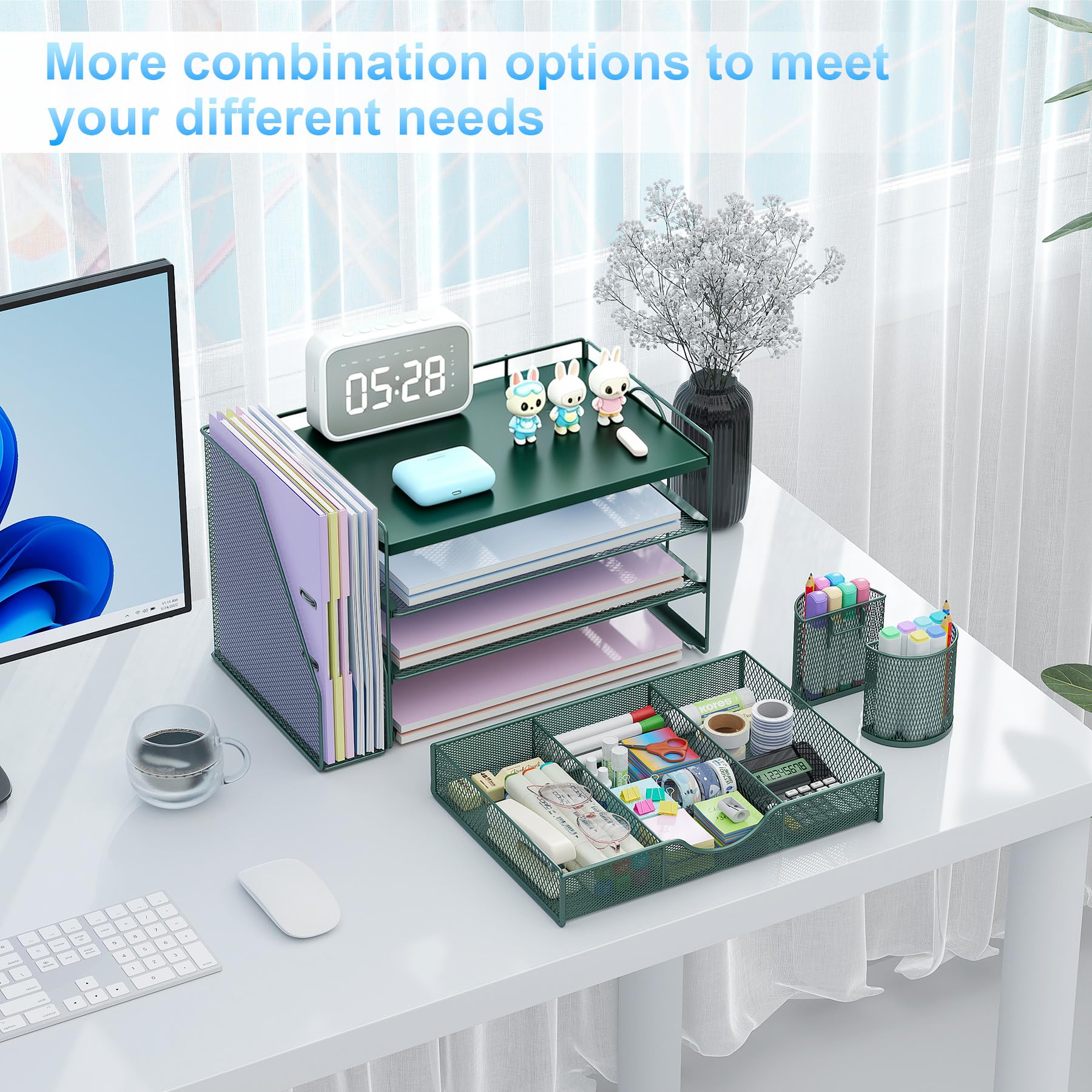 gianotter Desk Organizers and Accessories with File Holder, 4-Tier Desk Accessories & Workspace Organizers with Drawer and 2 Pen Holder, Desk Reference Organizer (Green, 4T with Metal Drawer) view 3