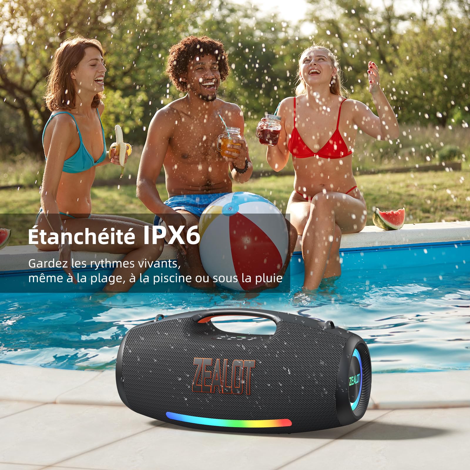 ZEALOT Cassa Bluetooth 250W, Altoparlante Portatile con Subwoofer,Boombox con bassi potenti,Impermeabile IPX6,EQ,Luce LED,48000 mAh,per Feste all'aperto,Piscina,Spiaggia