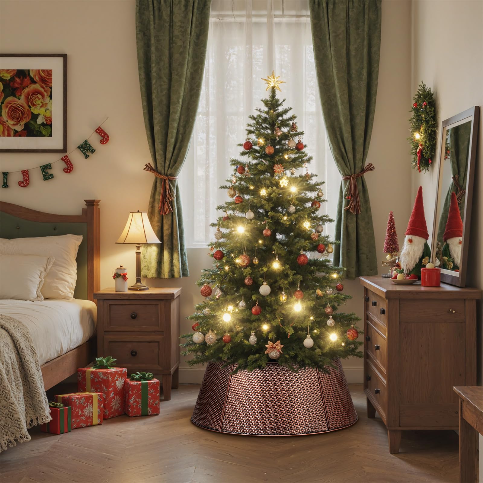 Lanpn Métal Collier Sapin Noël 70cm, Decorations Jupe de Sapin de Noel Christmas Tree Collar pour Moyenne M Arbres Artificiels Intérieur & Extérieur - Décorations Noël (Cuivre, Sergé)