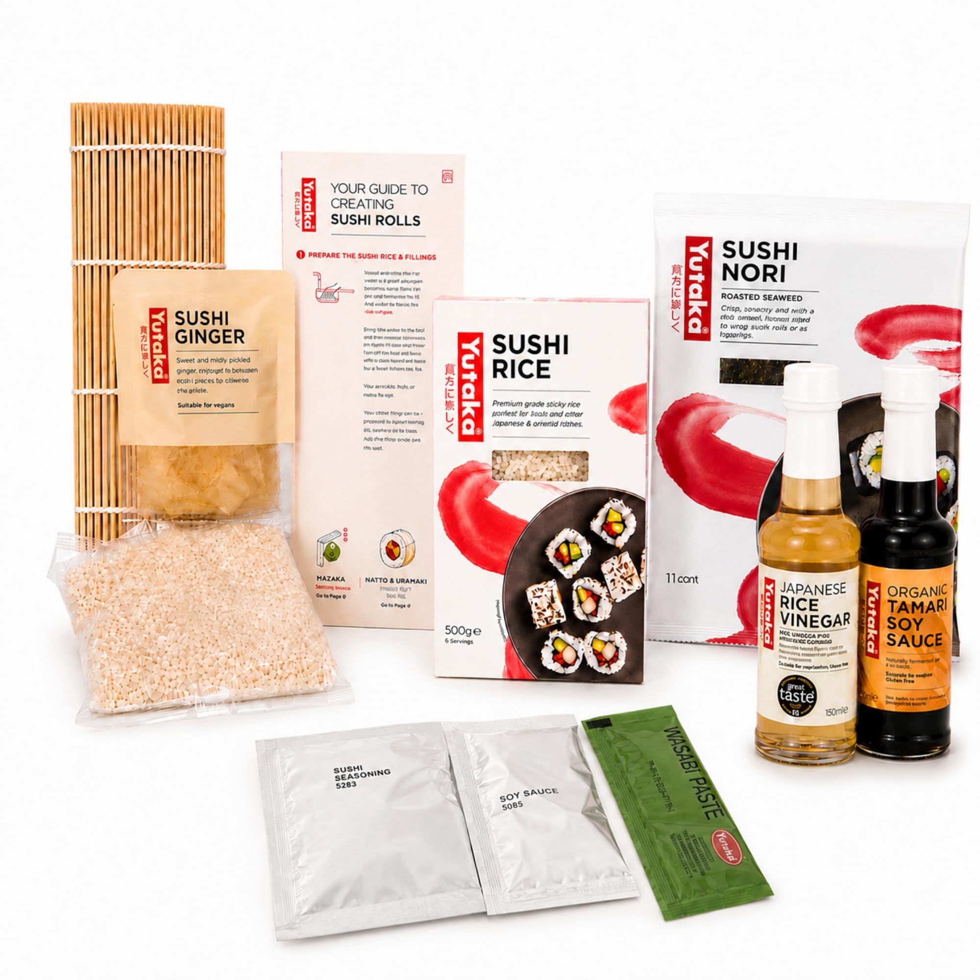 Yutaka Sushi Making Kit with Ingredients & Bamboo Sushi Mat | Rice (Premium and Standard), Nori Sheets, Organic Tamari Soy Sauce, Rice Vinegar, Ginger, Wasabi & Guide
