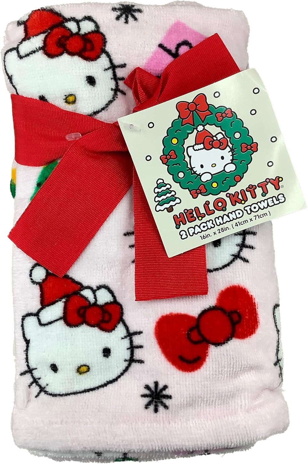 Jay Franco & Sons, Inc. Hello Kitty Christmas Hand Towels, Pack of 2 (Pale Blush Pink - Red Hats, Red Bows, Green Trees, Pink Gifts)