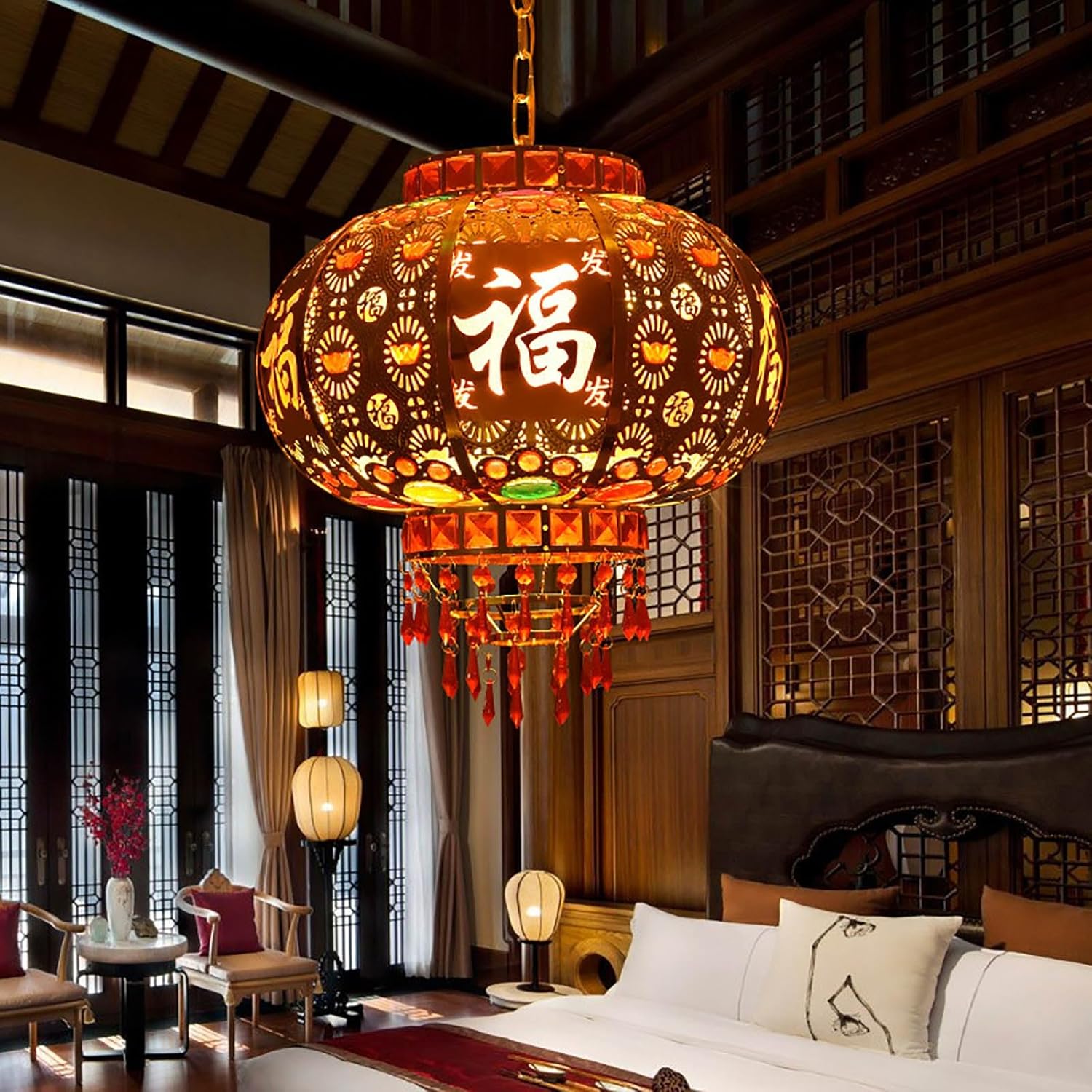 ペンダント付き金色の幸運のランタン、丸い中国のランタン、中国の旧正月、春節、ランタンフェスティバル、中秋節用の大きな装飾(50#)