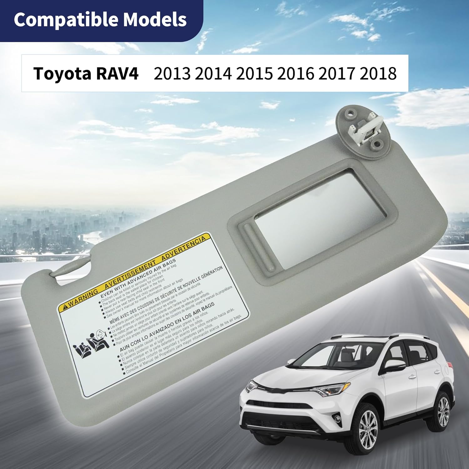 Right Passenger Side Sun Visor Compatible with Toyota RAV4 2013-2018 Replace# 74320-42595 74320-42595-B0 74320-42595-C0 (Gray)