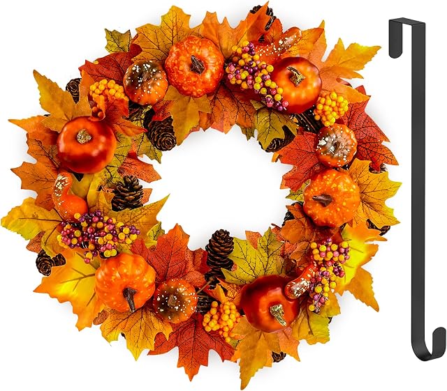 Autumn Wreath Front Door with Hanger, Mokani Autumn Door Wreaths (15 inch) Hanging Indoor Outdoor, Fall Wreath for Halloween, Harvest Festival