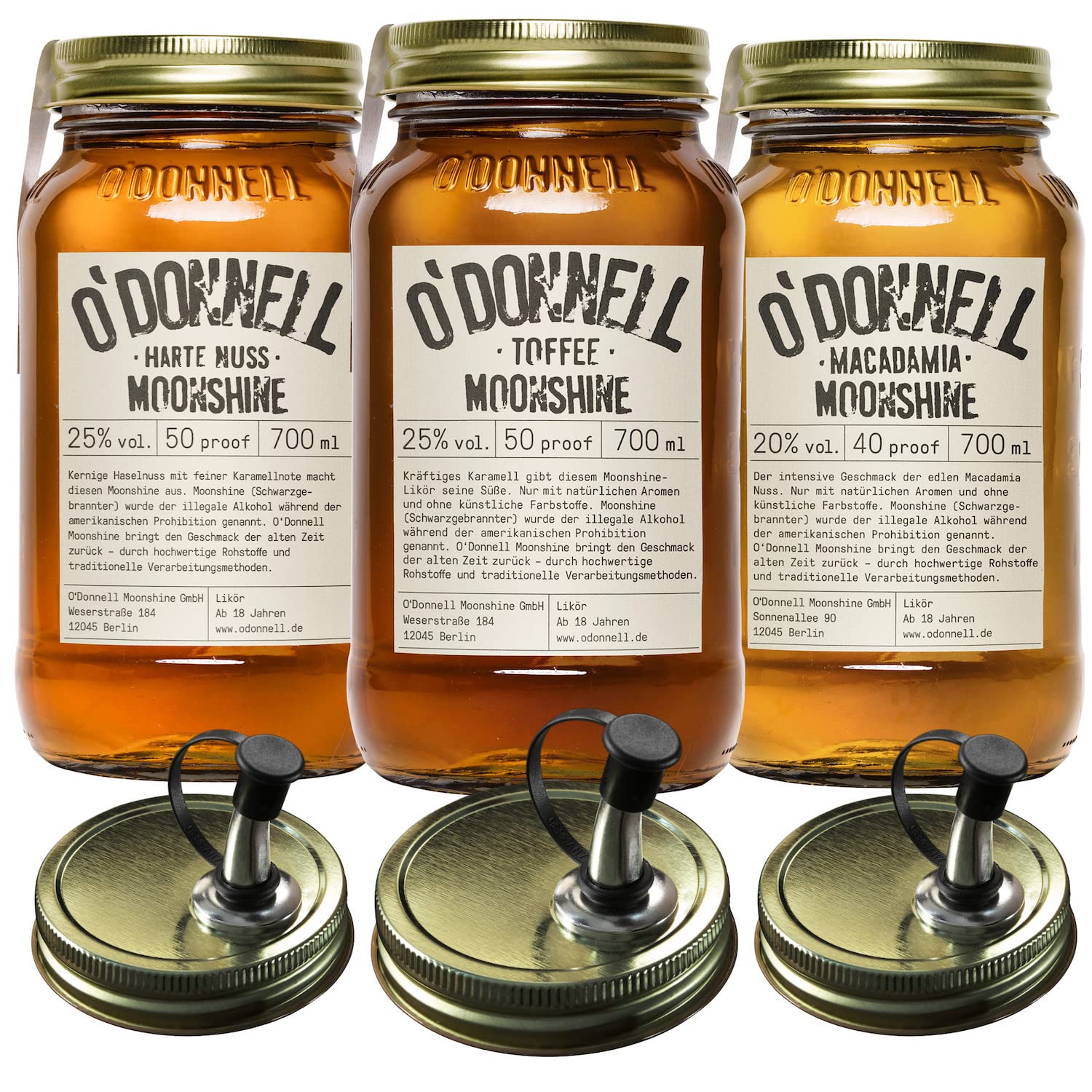 O'Donnell Moonshine Likör Set 3x 700ml Premium Likör (Made in Berlin) Whiskey Likör in Original Mason Jars + 3x Ausgießer – Harte Nuss Haselnusslikör, Karamell Toffee Likör & Fruchtige Macadamia