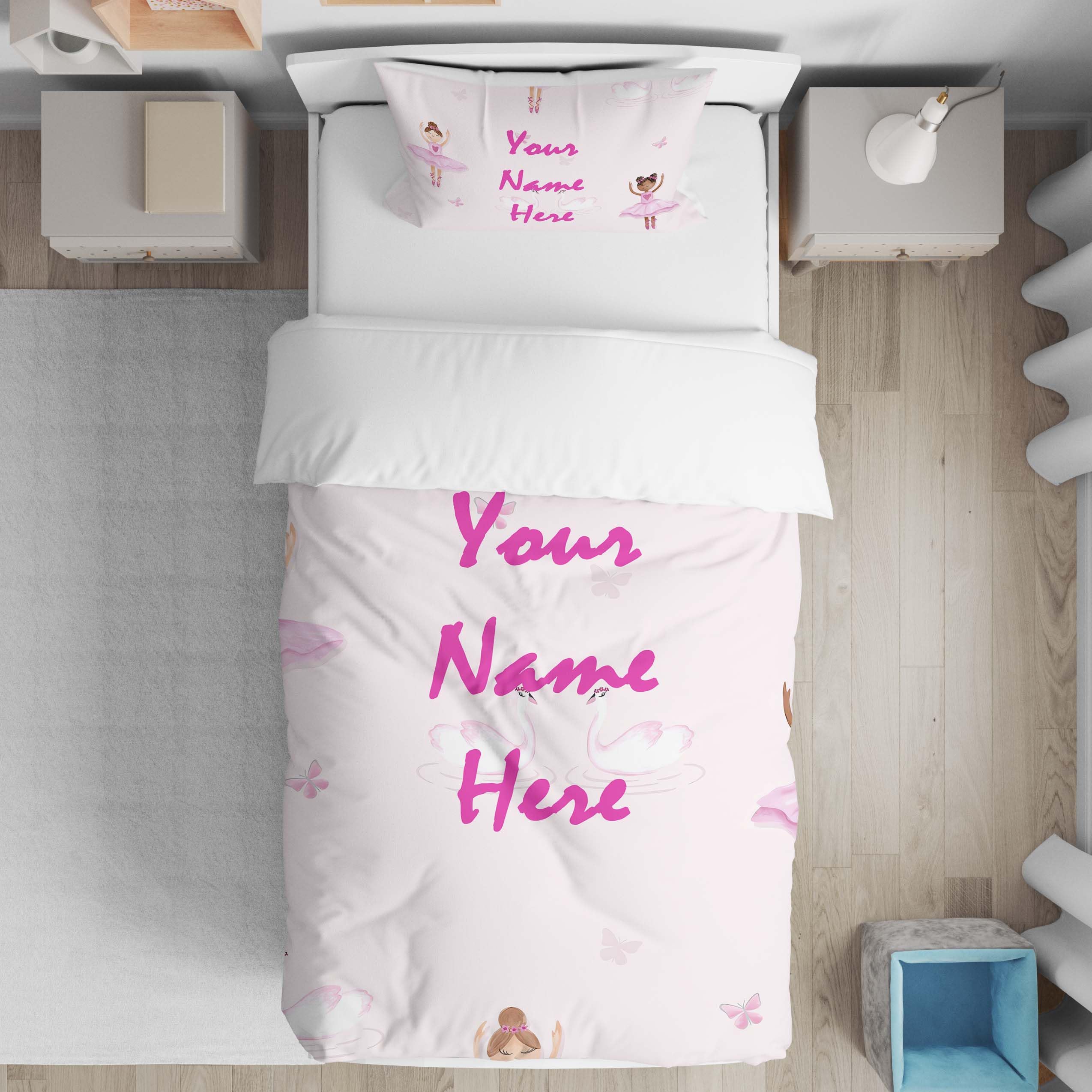 GIFTIMIZED Personalised Ballerina Swans Cot Bed Duvet Cover Set with Pillowcase, Custom Name Baby Bedding, Ballet Princess Nursery Theme, Pink Swan Toddler Quilt Cover, Infant Bed Linen
