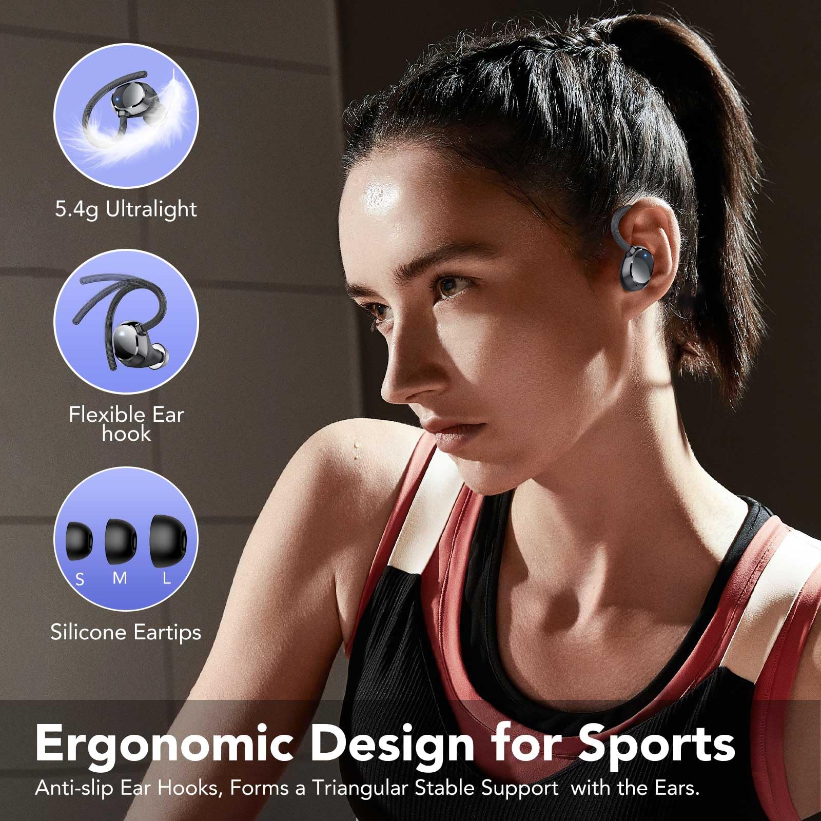 Tukio Cuffie Bluetooth 5.4 Sport, Auricolari Bluetooth Wireless HiFi con Microfono HD e Cancellazione Rumore, Cuffie Wireless con Ganci Auricolari, 80 Ore Autonomia, Display LED, IPX7 Impermeabili