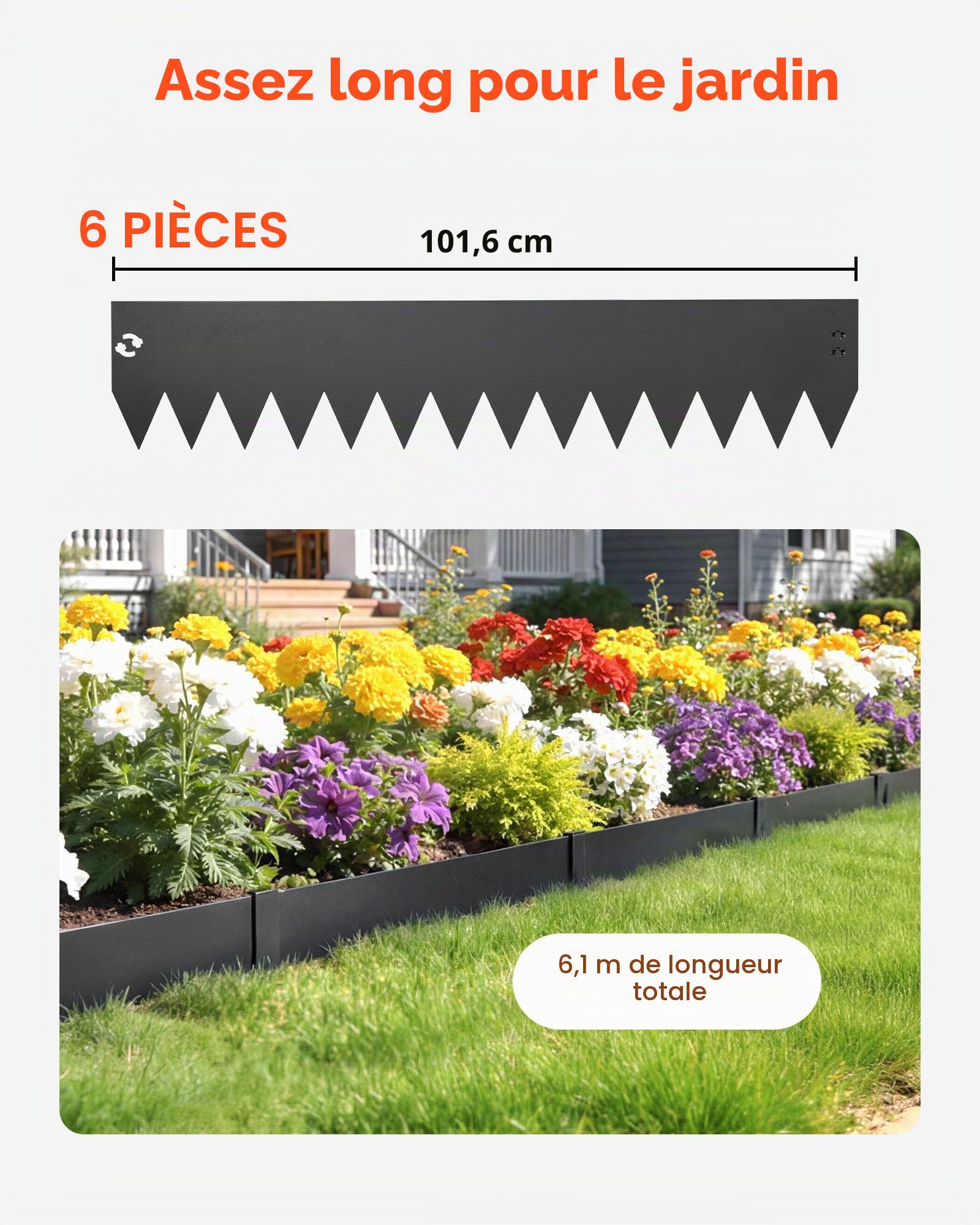 VEVOR Bordure de Jardin Métal 101,6x20,3 cm Bordure de Pelouse Acier Galvanisé Lot de 6 pour Massifs Fleurs, Allées, Délimitation Espace, Aménagement Paysager, Flexible, avec 6 Clips de Fixation, Noir