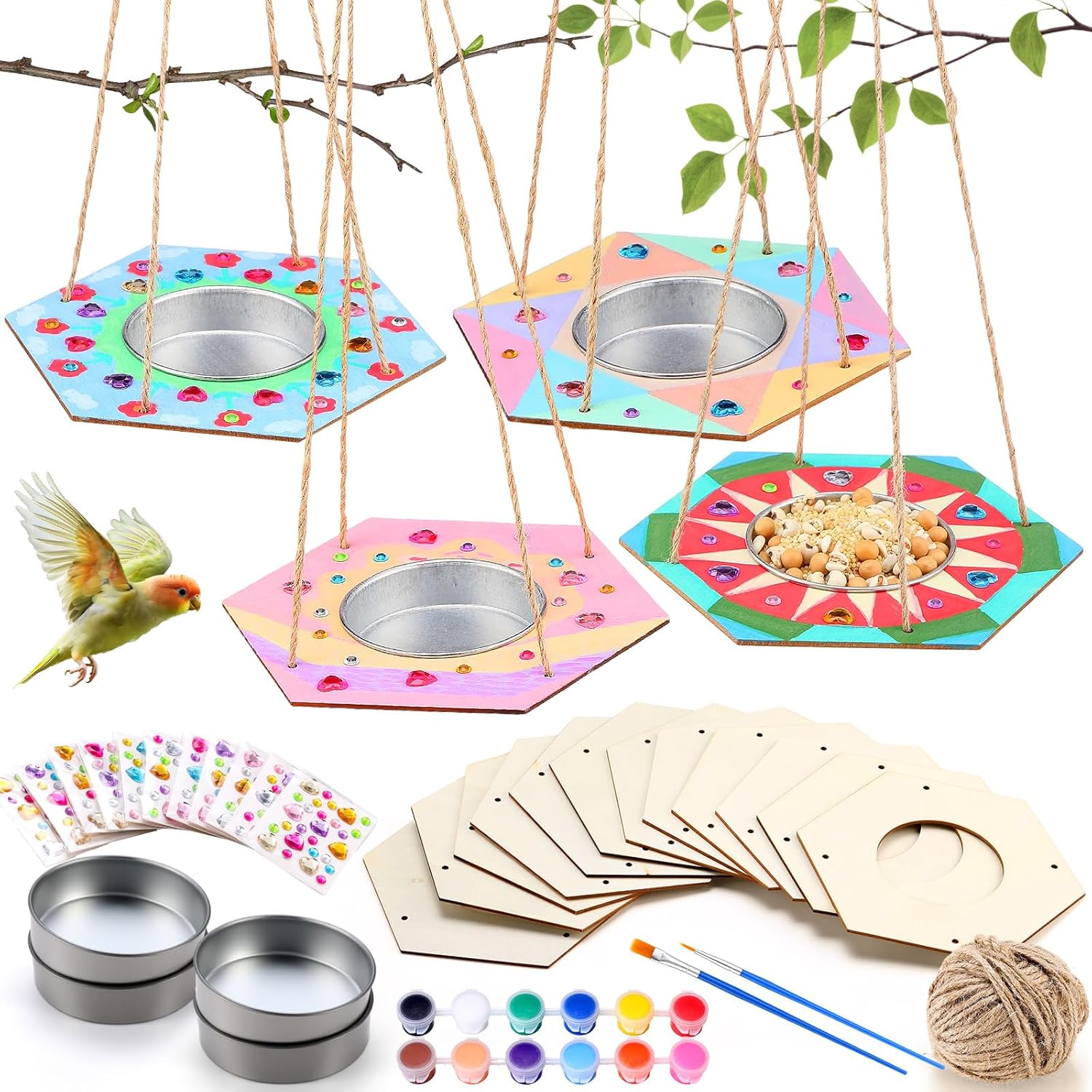 CroBlissful 12 Pack Bird Feeder Craft Kits for Kids DIY Your Own Bird Feeders with Paint and Paintbrushes Wooden Arts and Crafts for Kid Ornaments to Paint Feeders Craft for Garden(Flower Shape)