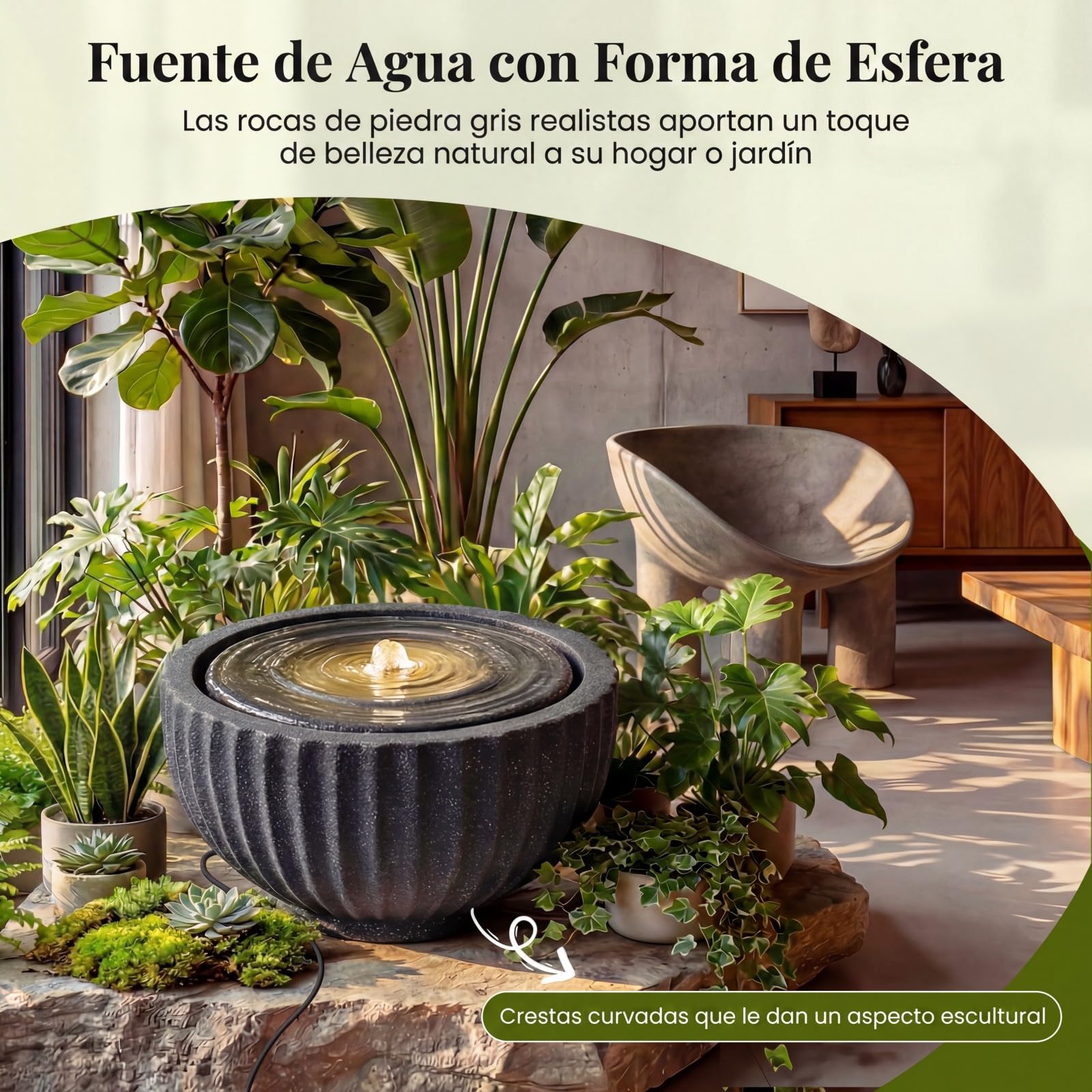 COSTWAY Fuente de Agua Decorativa, Fuente Jardín Exterior Redonda de Resina con Iluminación LED, Flujo de Agua Ajustable y Bomba, para Jardín, Patio, Terraza, Porche, 45 x 23,5 cm
