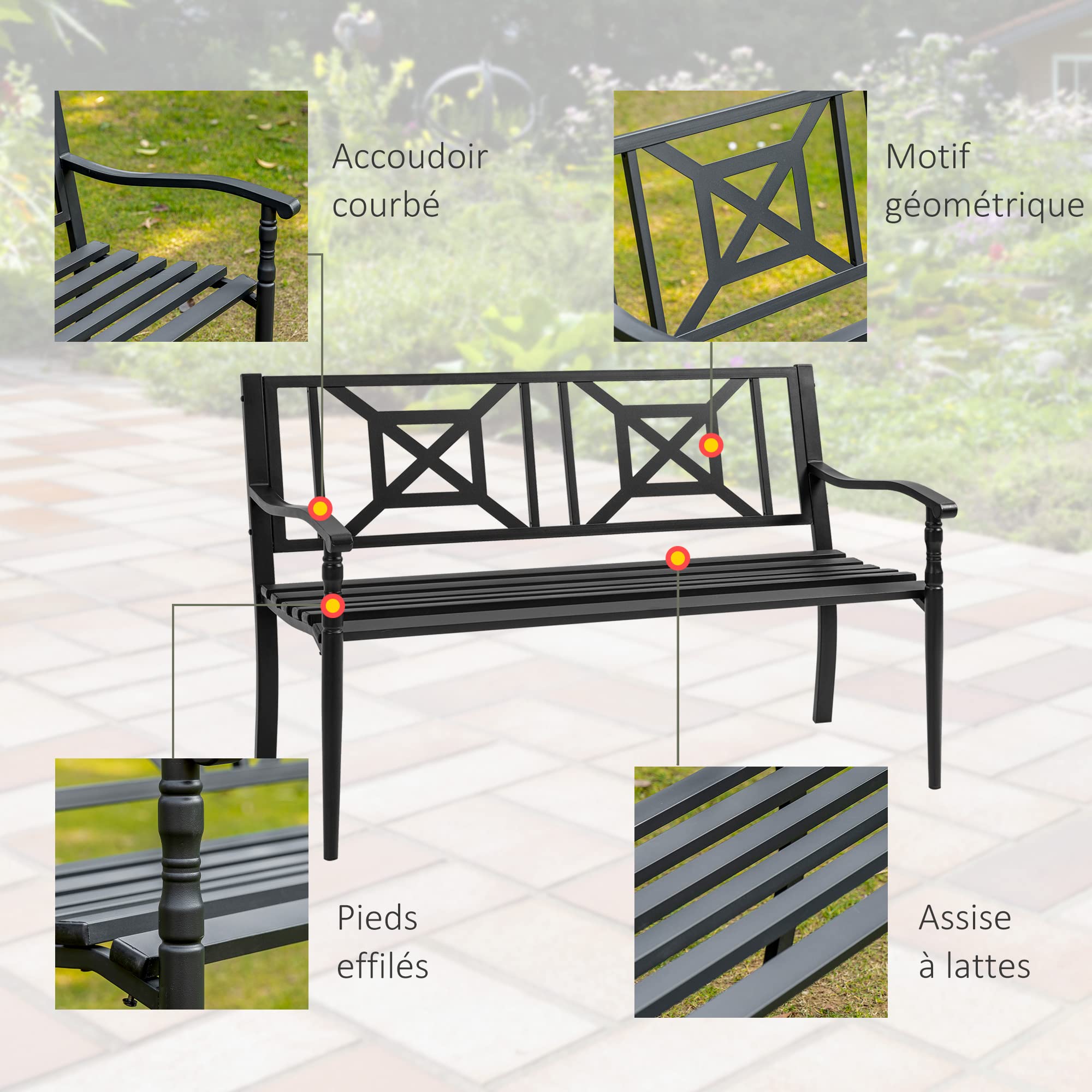 Outsunny Banc de Jardin 2 Places Banquette extérieur terrasse Patio Dossier Haut Assise à Lattes accoudoirs Confortables Acier 128 x 62,5 x 81,5 cm Noir