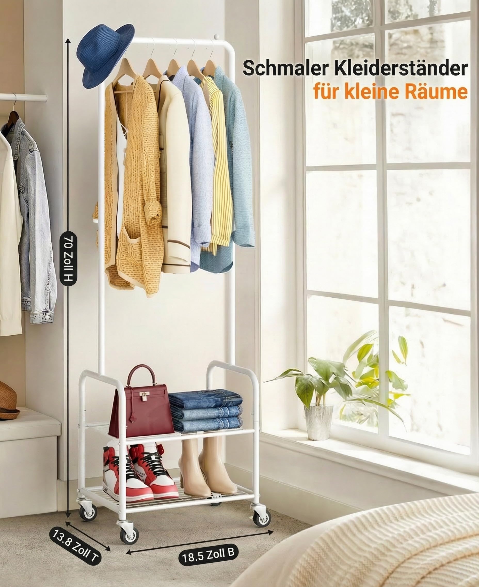 MISSLO Klein Kleiderstange mit Aufbewahrungsgitter, Stabil Kleiderständer auf Rollen, Schmal Metall Garderobenständer für Kleidung, Schuhe, Schlafzimmer, Mobile, Weiß