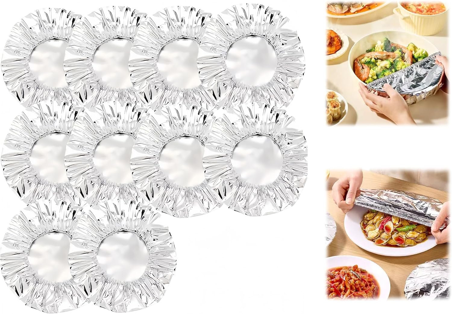 Aluminum Foil Elastic Food Cover, Fresh Keeping Food Cover for Kitchen, Parties & Picnics, Heat Retaining Food Storage Covers for Bowls, Plates, Pots & Containers (10 Pcs)