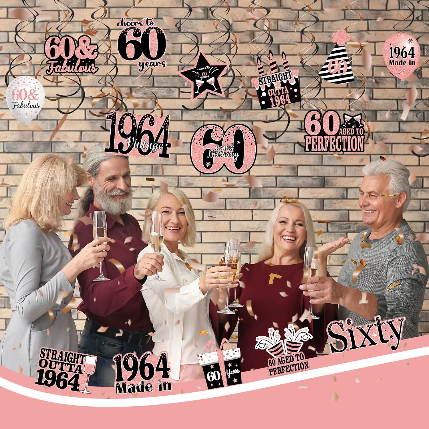 36PCS Rose Gold 60th Birthday for Women Party Decorations Vintage 1964 Hanging Swirls Sixty Years Old Party Supplies Ceiling Hanging Decor for Birthday Anniversary Vintage 1964 Party Favors
