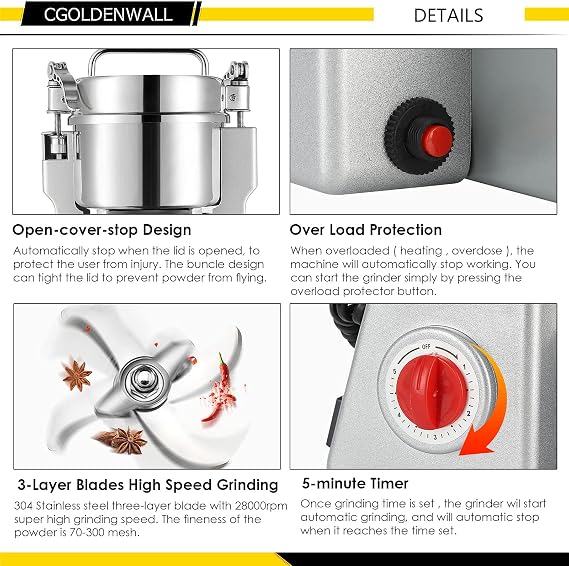 CGOLDENWALL 2000g Stainless Steel Electric Grain Grinder Mill for Grinding Various Grains Spice Grain Mill Herb Grinder Pulverizer 110V Gift for Mom Wife