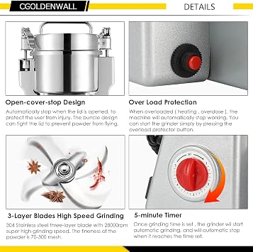 CGOLDENWALL 2000g Stainless Steel Electric Grain Grinder Mill for Grinding Various Grains Spice Grain Mill Herb Grinder Pulverizer 110V Gift for Mom Wife