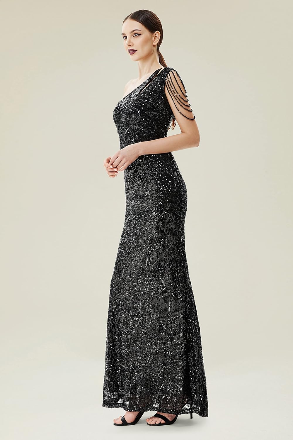 BABEYOND Women's Sequin Prom Dress - One Shoulder Maxi Dress Gowns and Evening Dresses for Party Wedding Guest Silver - Image 3