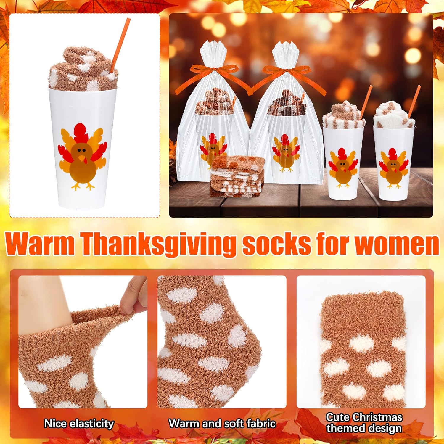20 Pairs Fall Thanksgiving Fuzzy Socks Gift Set for Women, Cute Cupcake Sock DIY Gift Box with Turkey Cups, Paper Straws, Bags & Ribbons, Soft Fluffy Socks for Friendsgiving Party Bulk - Image 5