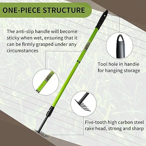 Miniatura 2 de Rastrillo de mano pequeño rastrillo de jardín, mango ajustable, cultivador de mano de jardinería, herramienta de jardín con mango antideslizante,