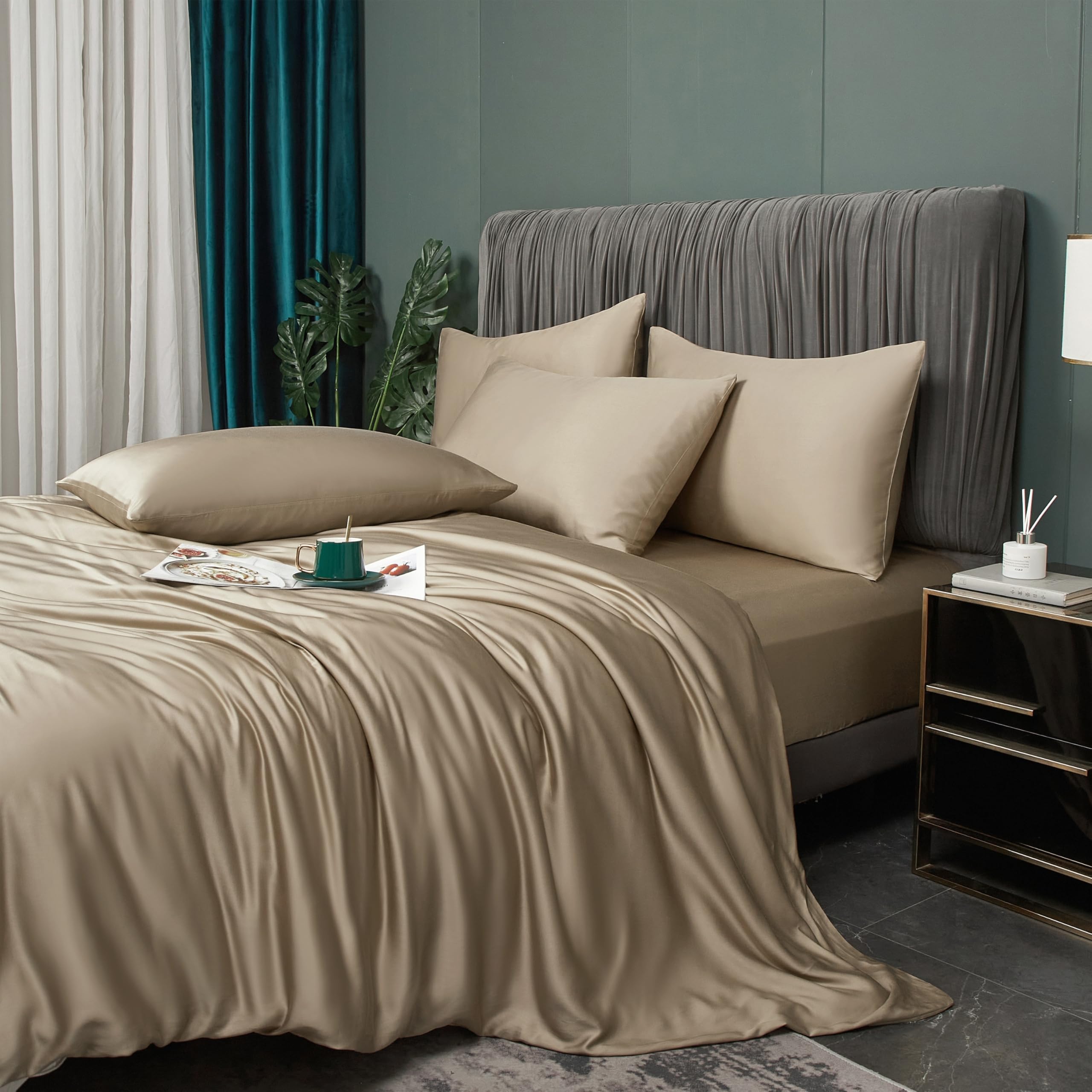 Biancheria da letto in bambù, 135 x 200 cm, colore oro, cachi, estate, inverno, rinfrescante, in fibra di bambù, lucida, set di biancheria da letto traspirante, in bambù, 2 pezzi, copripiumino 135