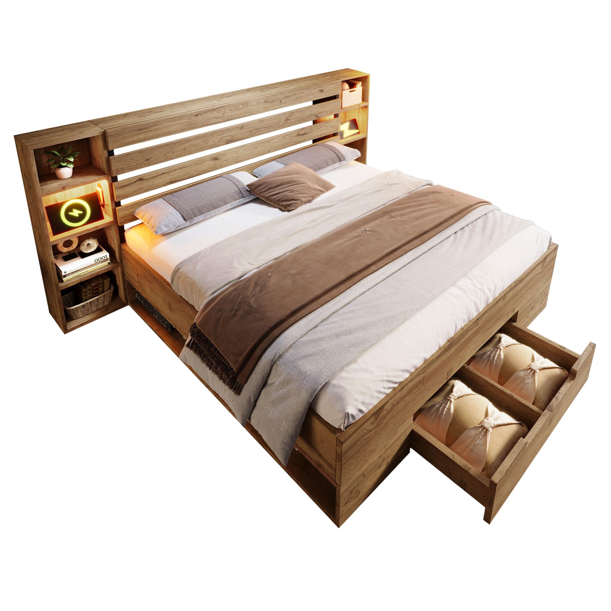 Letto matrimoniale in, letto con illuminazione a LED e testata e cassetti USB C, struttura a doghe in legno, rovere (senza materasso) (160 x 200 cm)